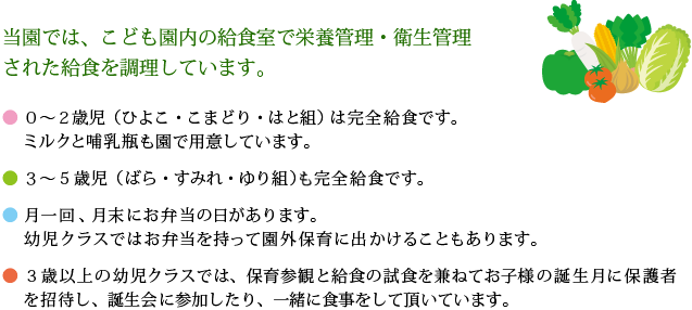 当園では、保育園内の給食室で栄養管理・衛生管理された給食を調理しています。